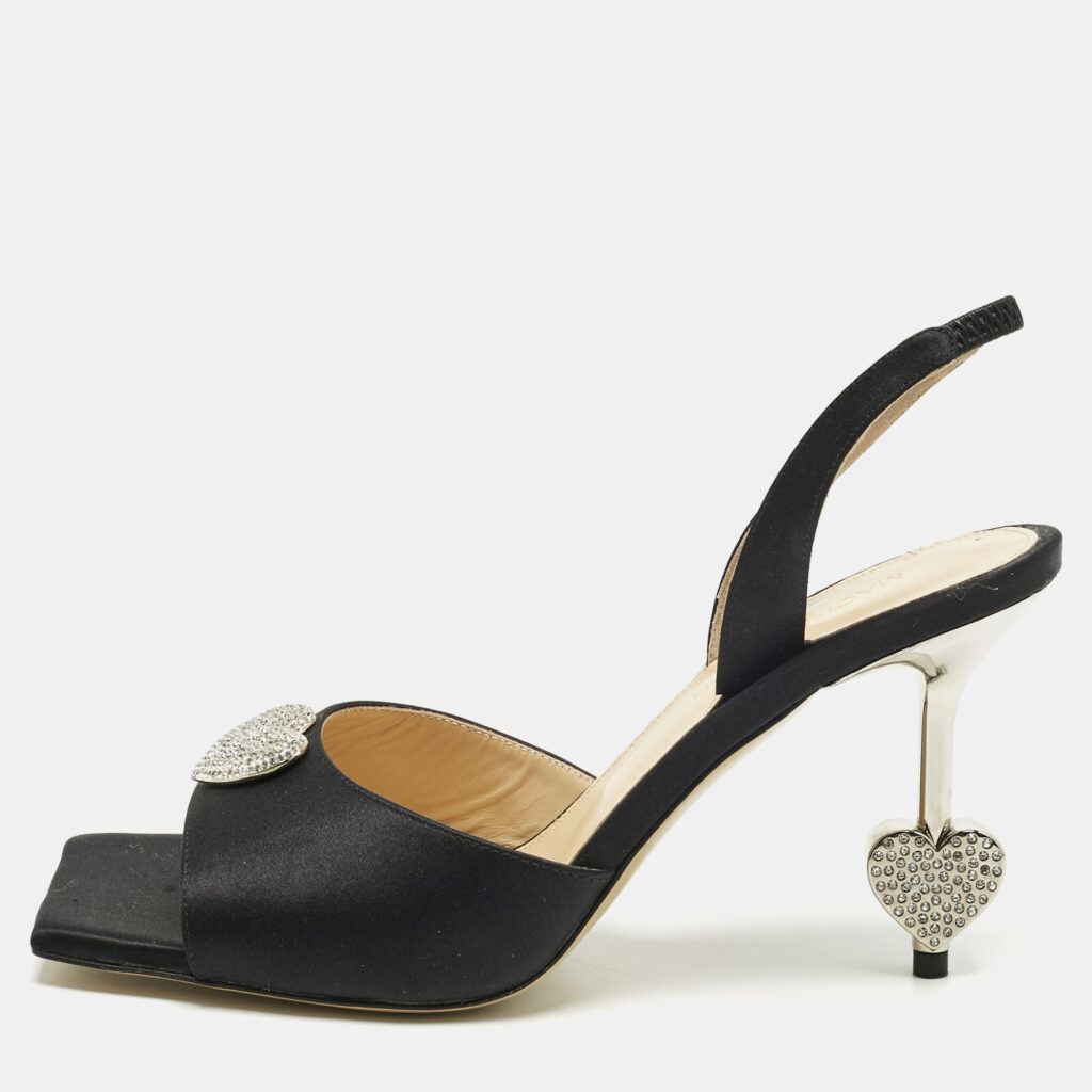 Mach & Mach Black Satin Heart Crystal Slingback Sandals Size 38.5