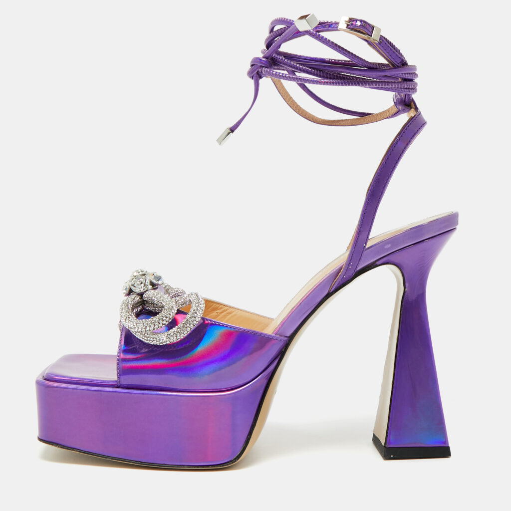Mach & Mach Purple Iridescent Leather Double Bow Platform Sandals Size 41 Mach & Mach Purple Iridescent Leather Double Bow Platform Sandals Size 41