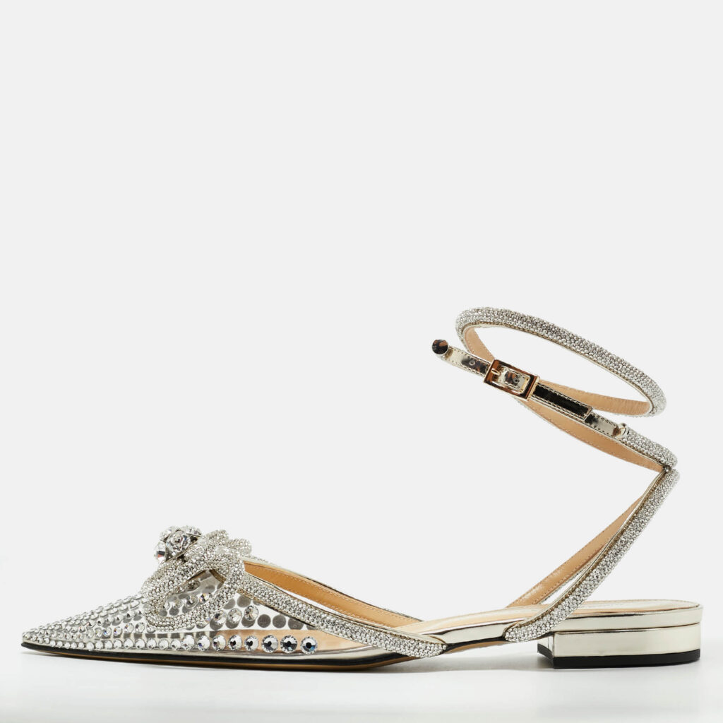 Mach & Mach Transparent PVC Double Bow Crystal Embellished Ankle Wrap Flat Sandals Size 41 Mach & Mach Transparent PVC Double Bow Crystal Embellished Ankle Wrap Flat Sandals Size 41