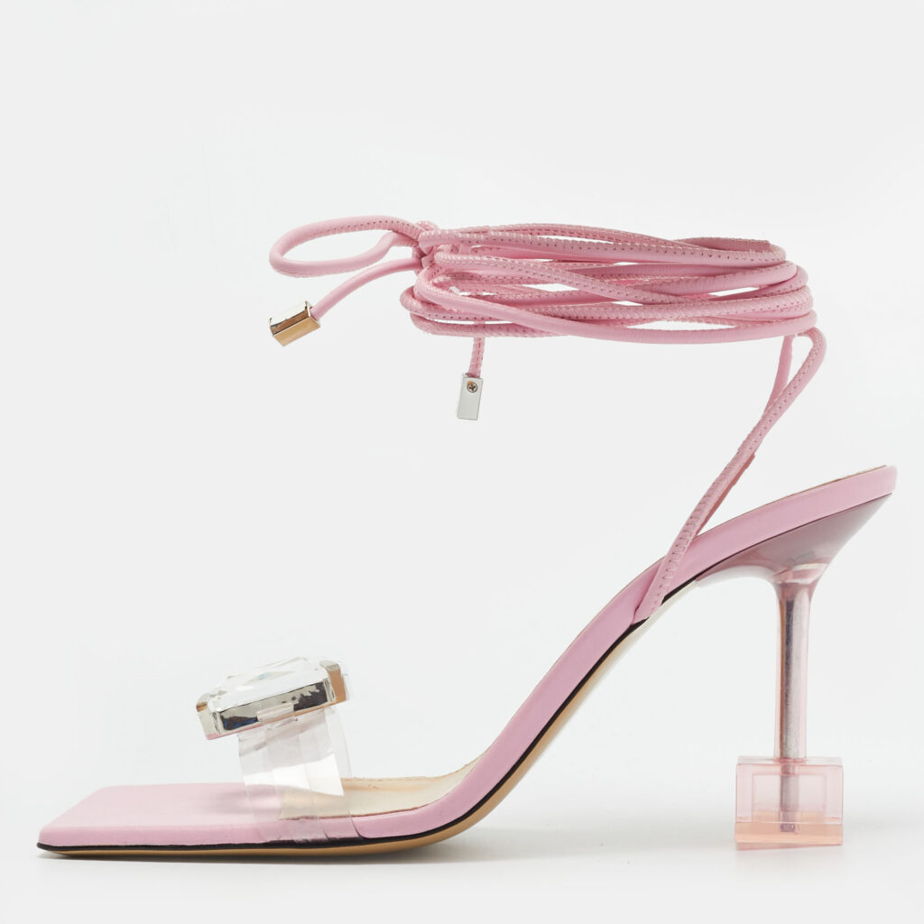Mach & Mach Size 38 Transparent/Pink Leather and PVC Crystal Square Ankle Wrap Sandals Mach & Mach Size 38 Transparent/Pink Leather and PVC Crystal Square Ankle Wrap Sandals