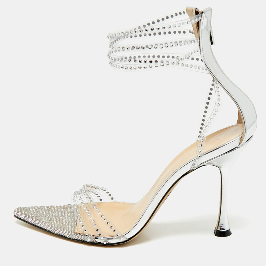 Mach & Mach Silver Leather and PVC Crystal Embellished Ankle Strap Sandals Size 39.5
