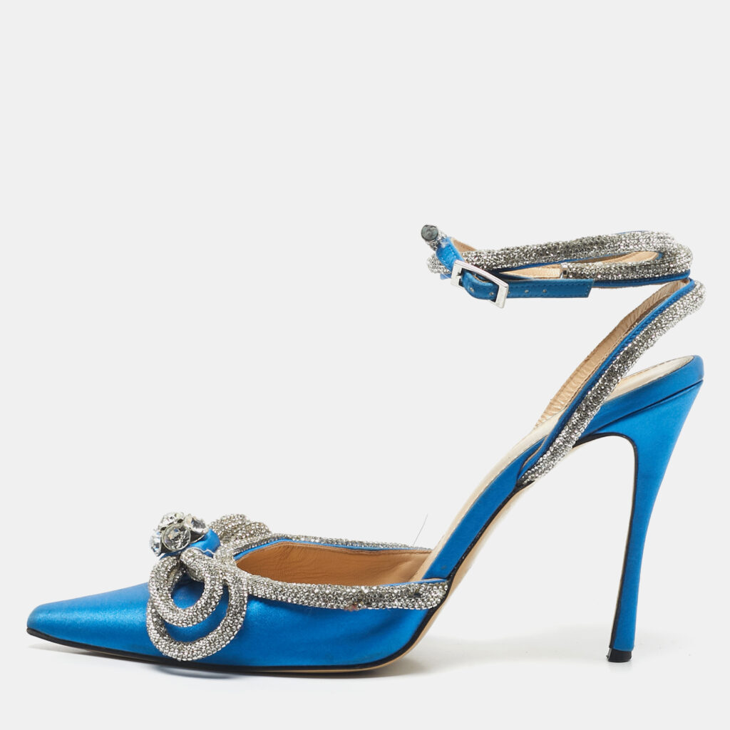 Mach & Mach Blue Satin Crystal Embellished Double Bow Ankle Wrap Pumps Size 40.5 Mach & Mach Blue Satin Crystal Embellished Double Bow Ankle Wrap Pumps Size 40.5