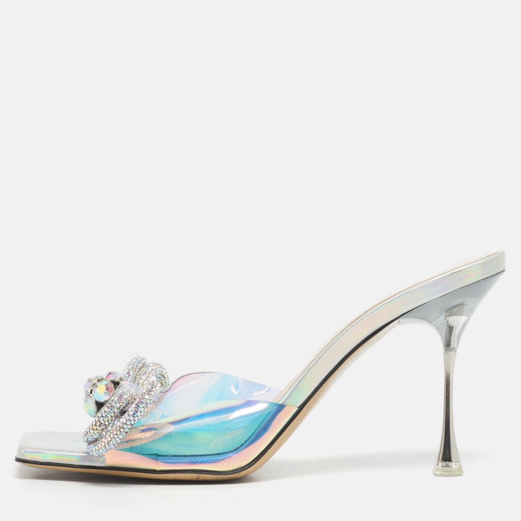 Mach & Mach Iridescent PVC Crystal Embellished Double Bow Slide Sandals Size 39.5 Mach & Mach Iridescent PVC Crystal Embellished Double Bow Slide Sandals Size 39.5