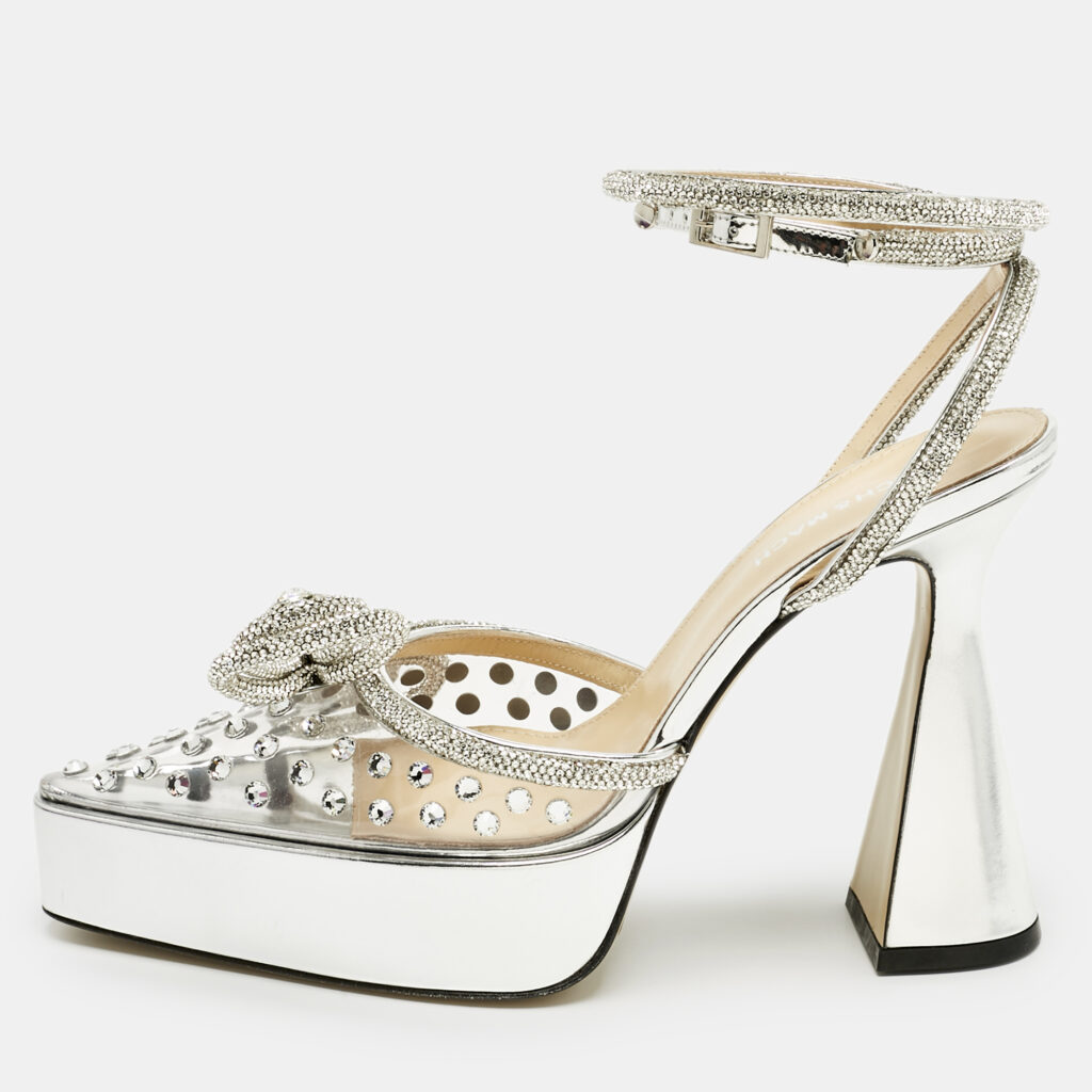 Mach & Mach Silver Leather and PVC Double Bow Platform Pumps Size 38.5