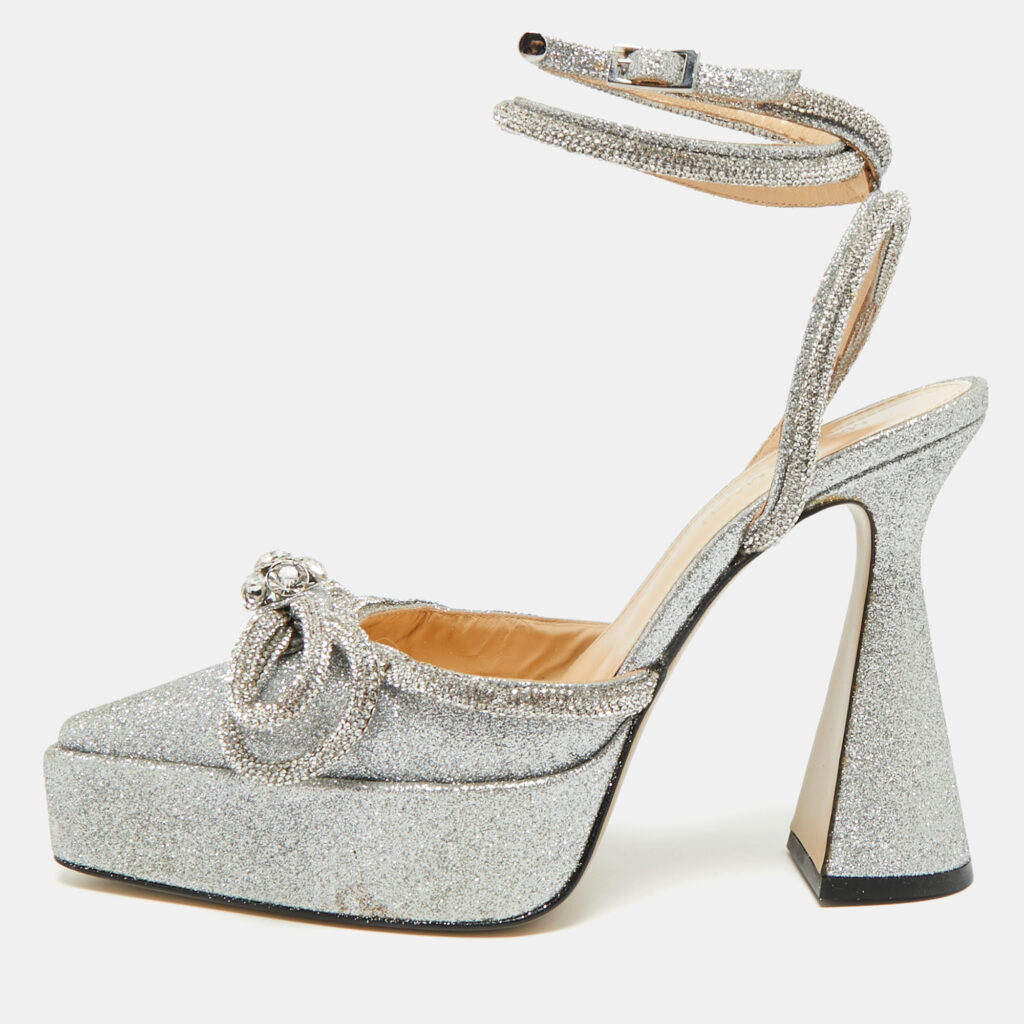 Mach & Mach Silver Glitter Double Bow Platform Pumps Size 37