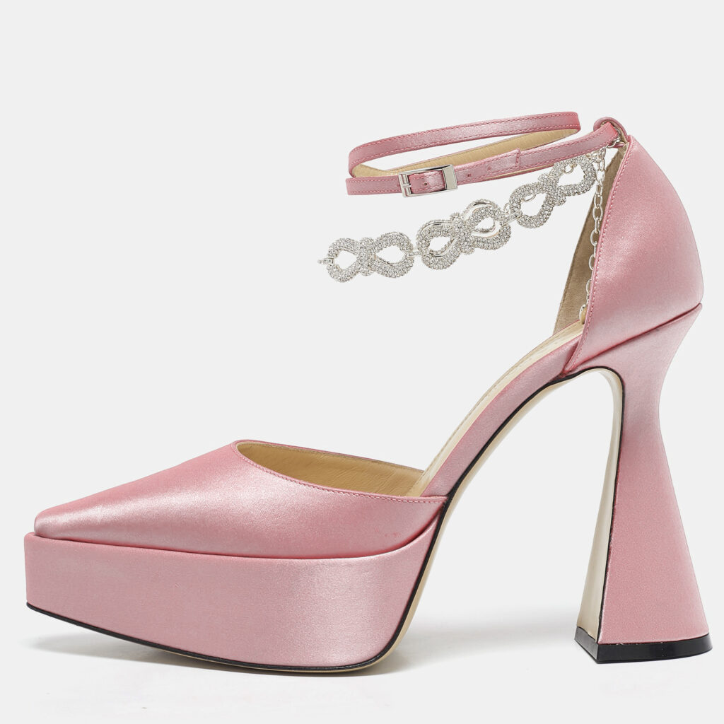 Mach & Mach Light Pink Satin Bow Chain Platform Pumps Size 39