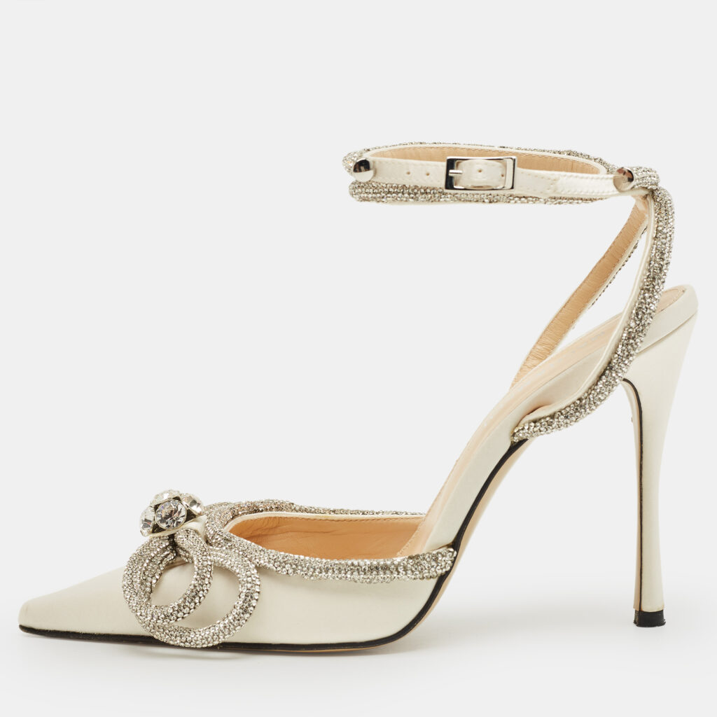 luxury-women-mach-mach-used-shoes-p1237328-001-1.jpg Mach & Mach White Satin Double Bow Crystal Embellished Pumps Size 37