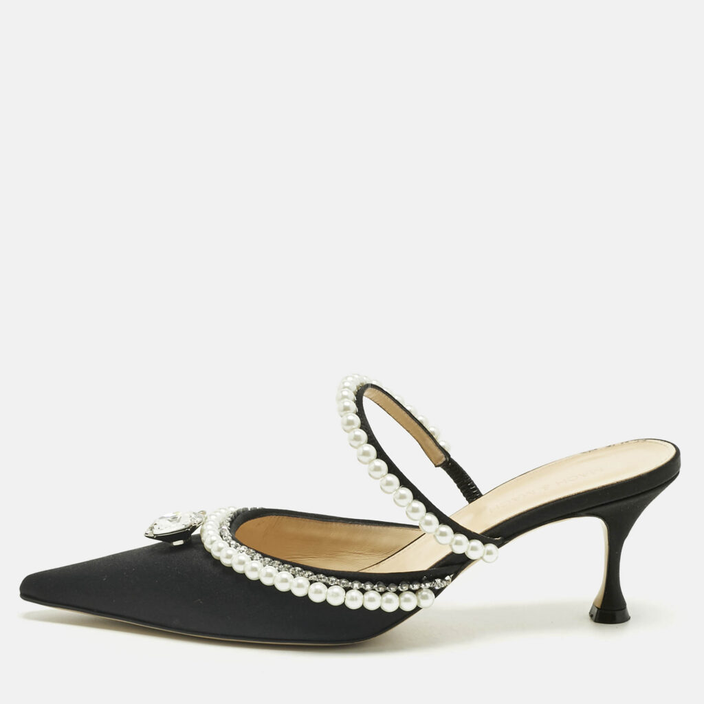 Mach & Mach Black Satin Bow Crystal Embellished Slide Sandals Size 40 Mach & Mach Black Satin Bow Crystal Embellished Slide Sandals Size 40
