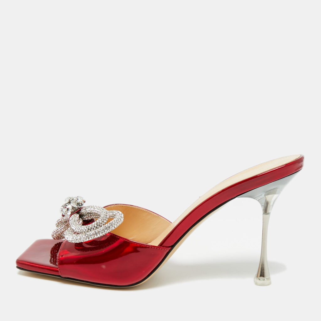 Mach & Mach Double Bow Crystal Red Patent Leather Slide Sandals Size 40.5