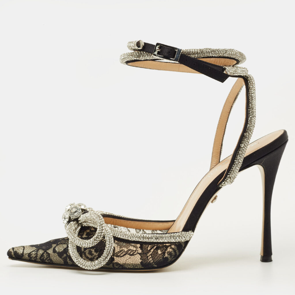 Mach & Mach Double Bow Size 38 Black Lace Crystal Embellished Ankle Wrap Pumps