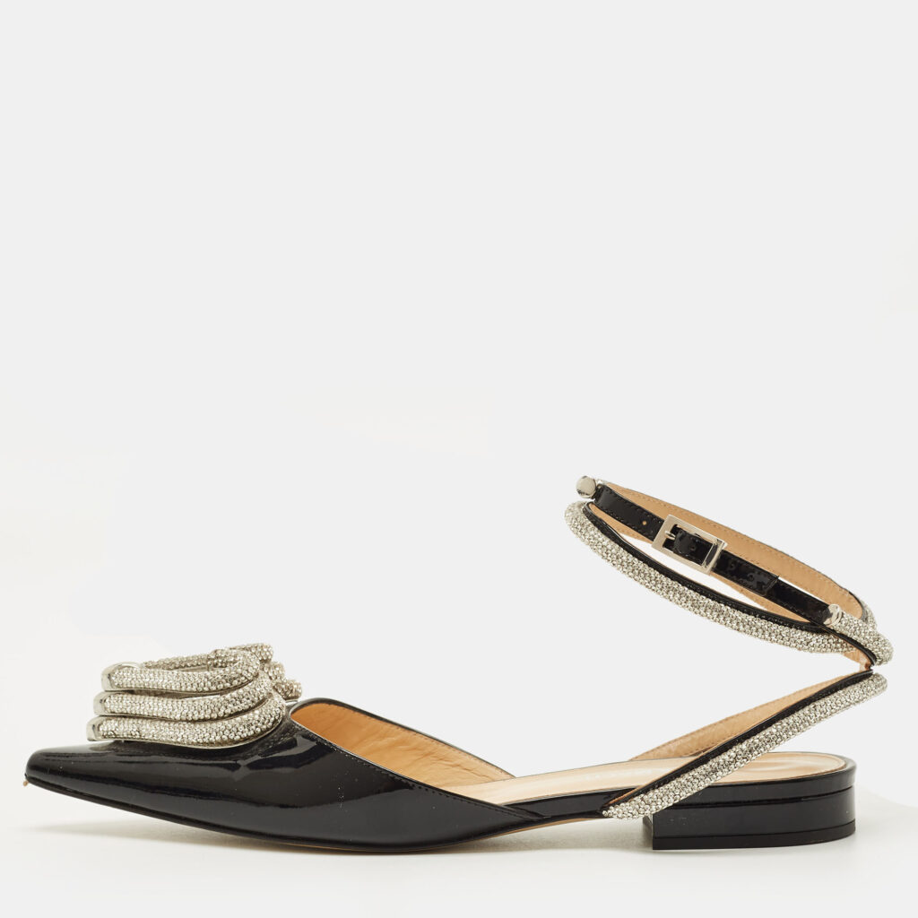 Mach & Mach Triple Heart Size 37 Black Patent Leather Crystal Embellished Ankle Wrap Flats