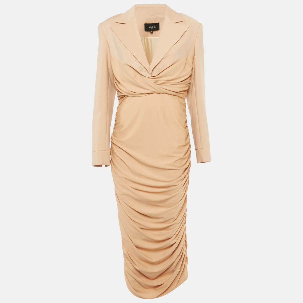 Mae Beige Wool Blend and Jersey Ruched Fatal Midi Dress L