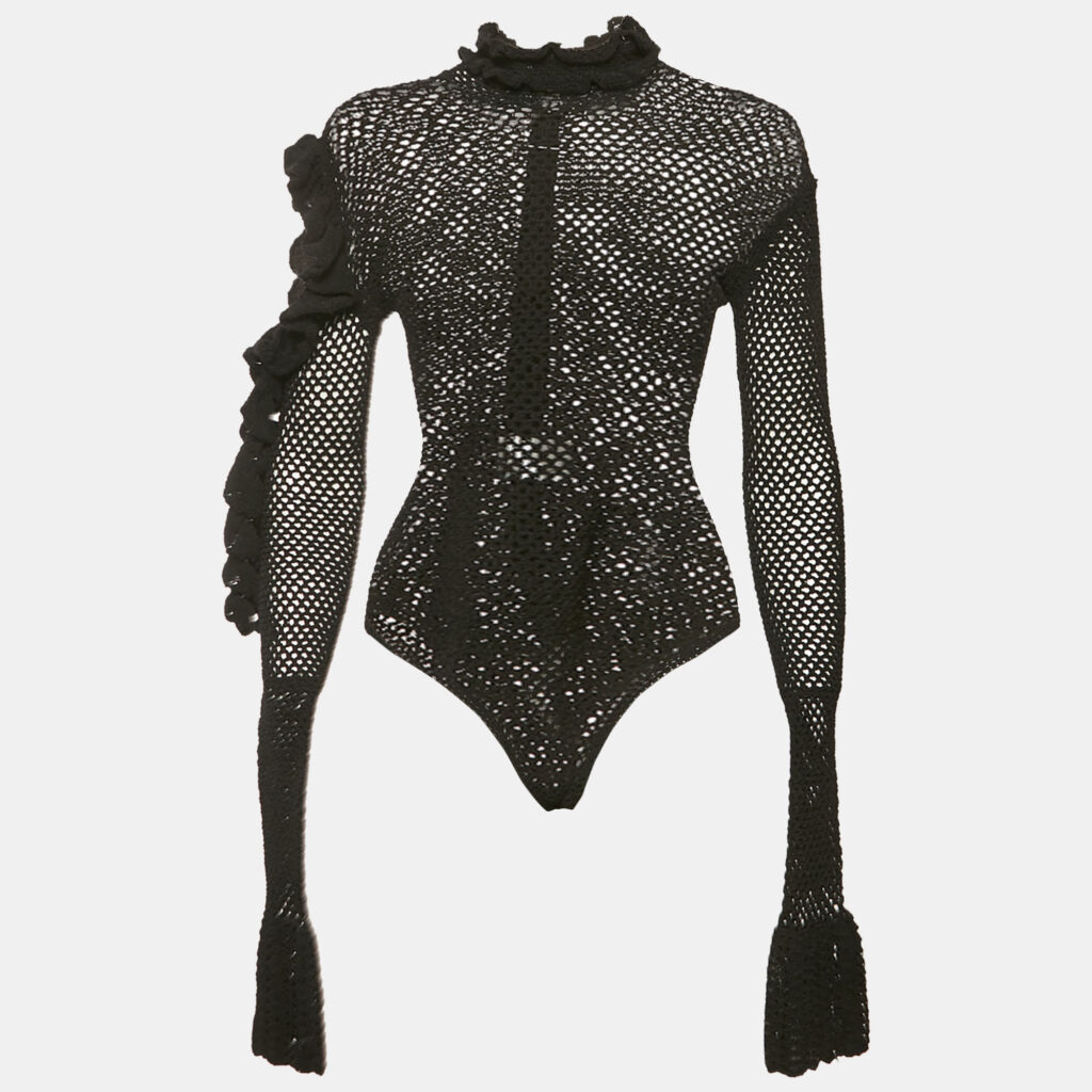 Magda Butrym Black Crochet Ruffled Cold Shoulder Bodysuit M