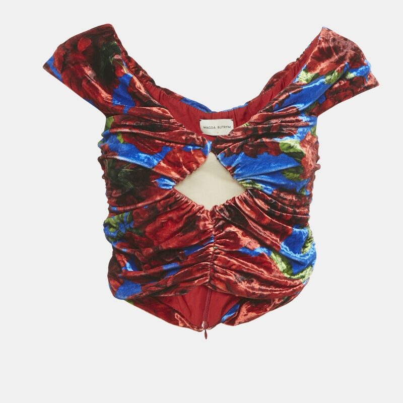 Magda Butrym Multicolor/Red Printed Velvet Ruched Crop Top S Magda Butrym Multicolor/Red Printed Velvet Ruched Crop Top S