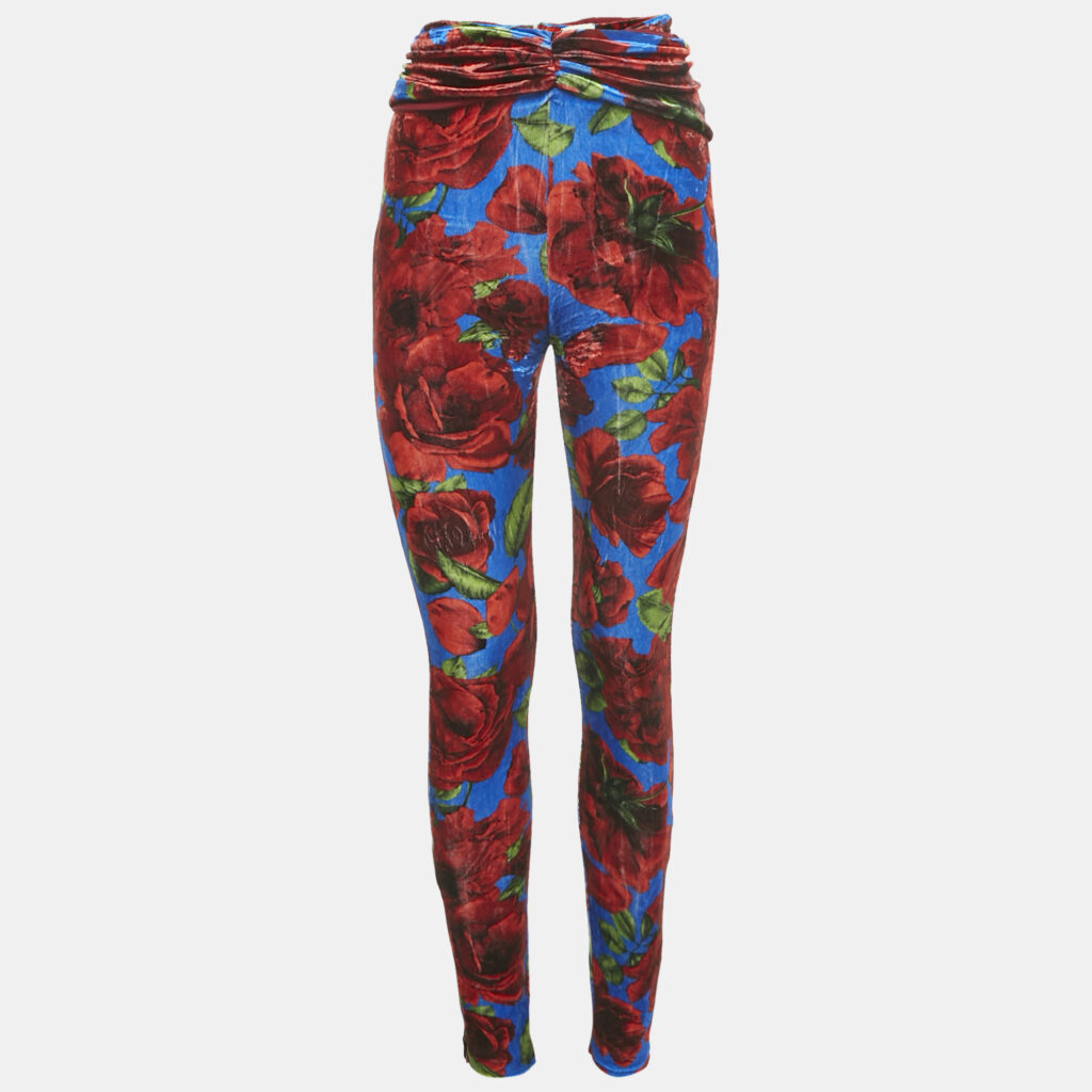 Magda Butrym Multicolor/Red Rose Print Velvet Drape Detail Leggings S Magda Butrym Multicolor/Red Rose Print Velvet Drape Detail Leggings S