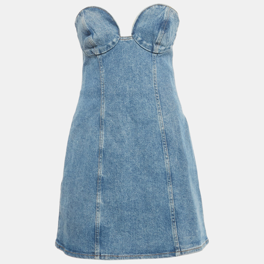 Magda Butrym Blue Denim Strapless Mini Dress S Magda Butrym Blue Denim Strapless Mini Dress S