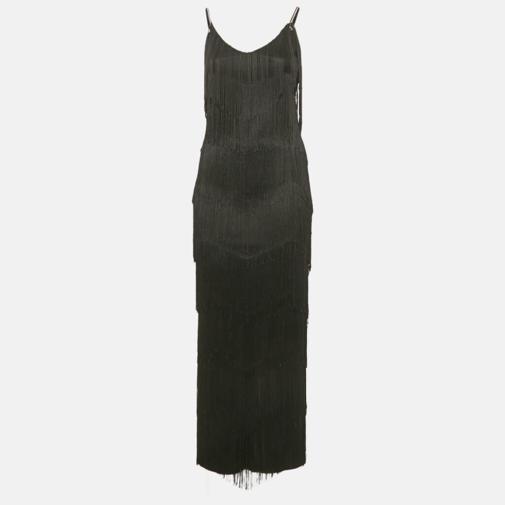 Maison d'Angelann Black Knit Fringed Sleeveless Maxi Dress S Maison d'Angelann Black Knit Fringed Sleeveless Maxi Dress S