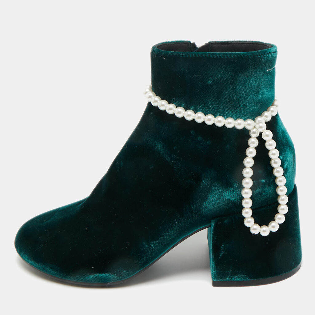Maison Martin Margiela Green Velvet Faux Pearl Ankle Length Boots Size 36.5