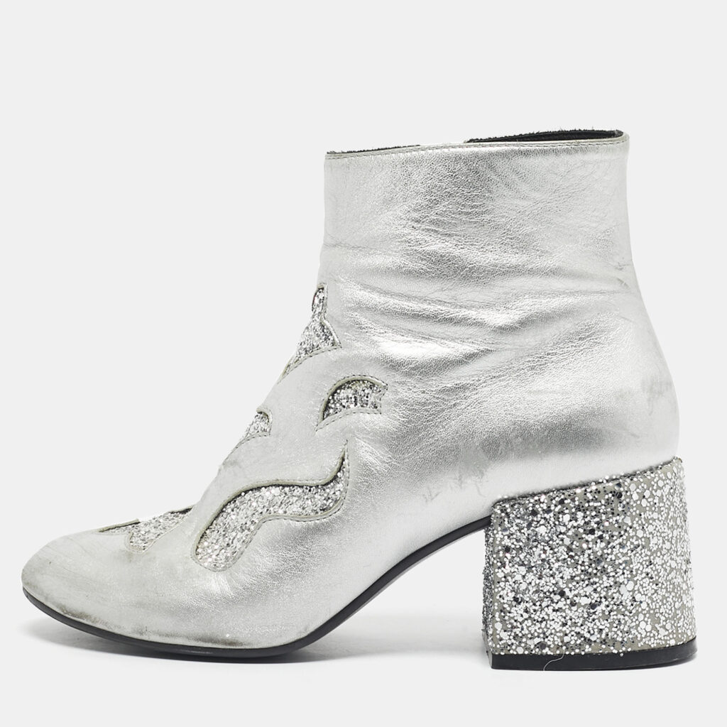 Maison Martin Margiela Silver Glitter and Leather Ankle Length Boots Size 39 Maison Martin Margiela Silver Glitter and Leather Ankle Length Boots Size 39