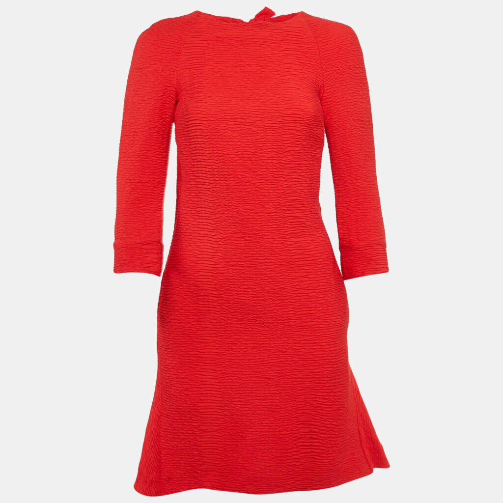 Maje Red Textured Crepe Bow Detail Mini Dress S Maje Red Textured Crepe Bow Detail Mini Dress S