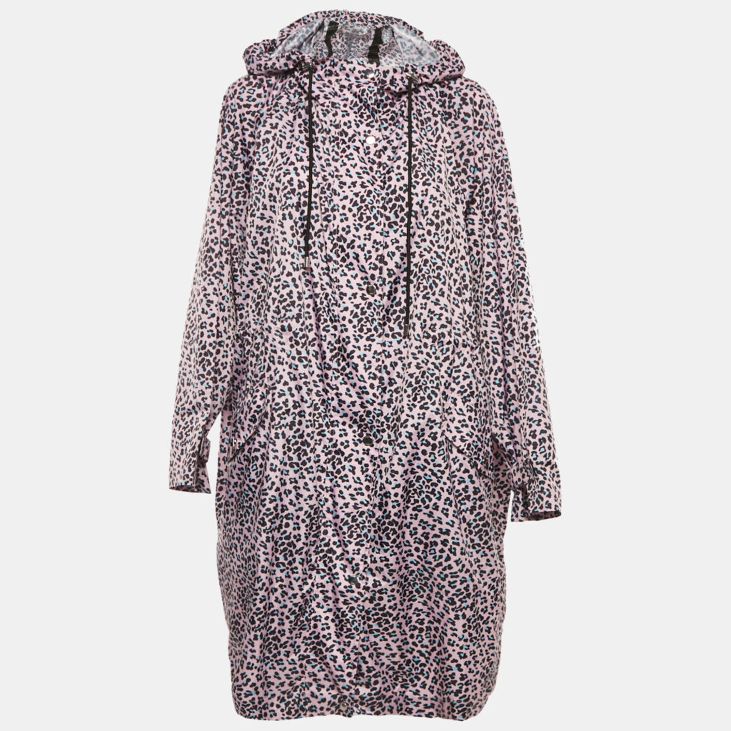 Maje Pink Leopard Print Synthetic Zip-Up Hooded Long Coat S