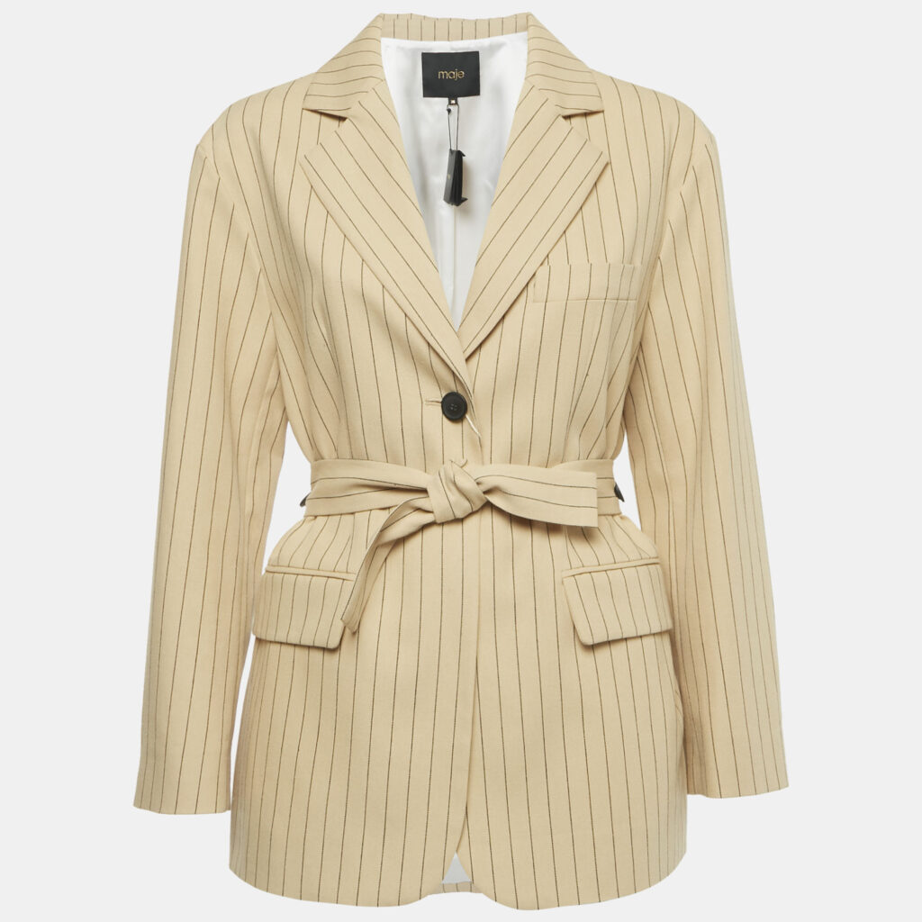 Maje Beige Striped Cotton Blend Belted Blazer S