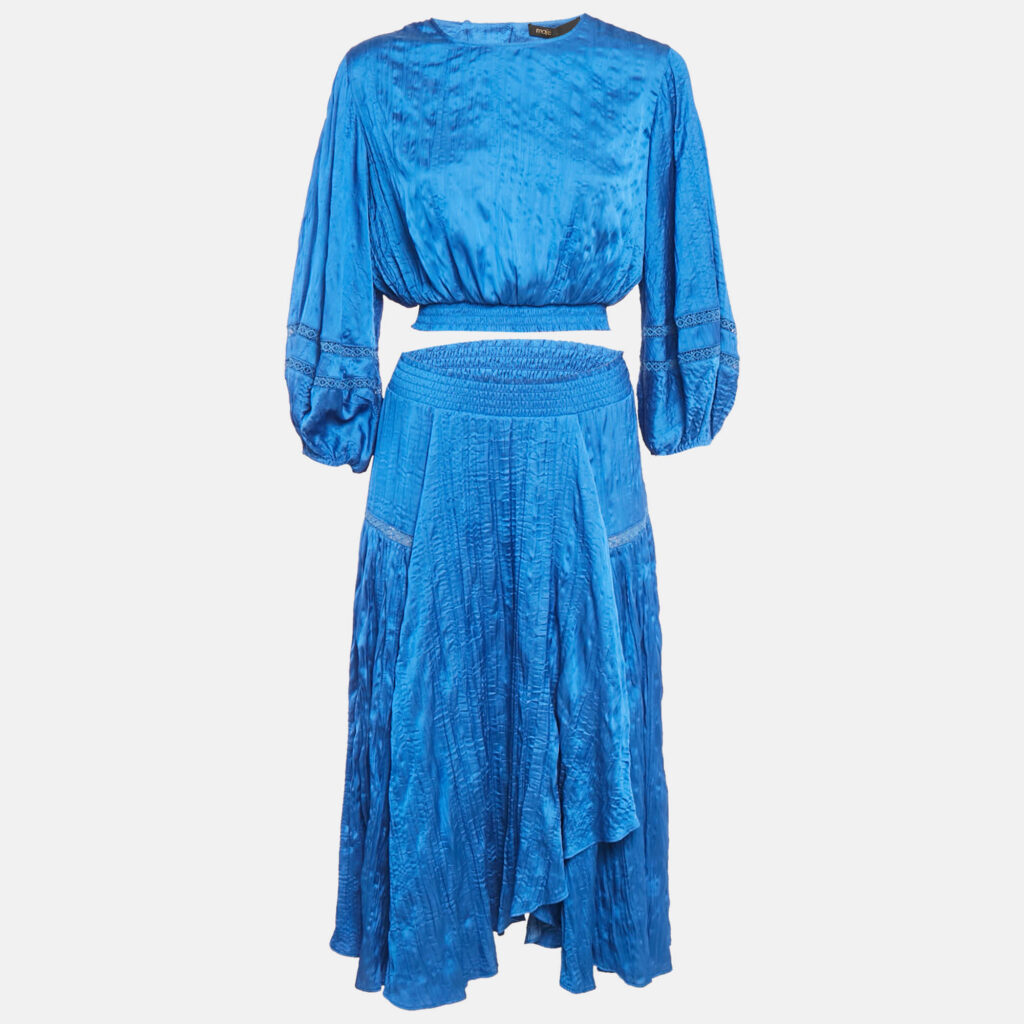 Maje Blue Crepe Lace Trimmed Top and Skirt Set M/S