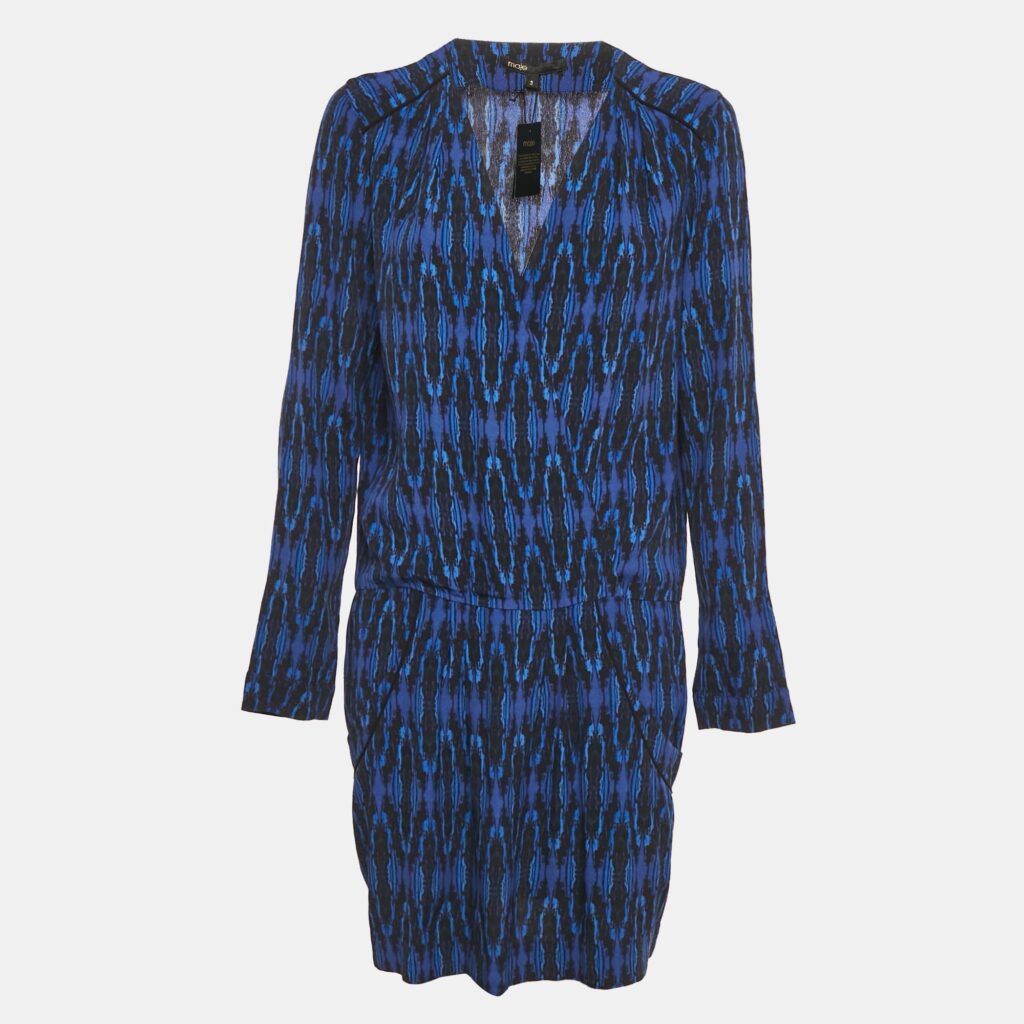 Maje Blue Printed Crepe Mini Dress L Maje Blue Printed Crepe Mini Dress L