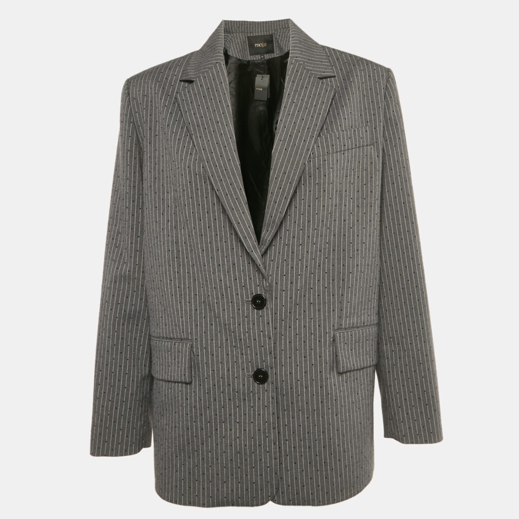 Maje Grey Pinstriped Rhinestone Embellished Blazer S Maje Grey Pinstriped Rhinestone Embellished Blazer S