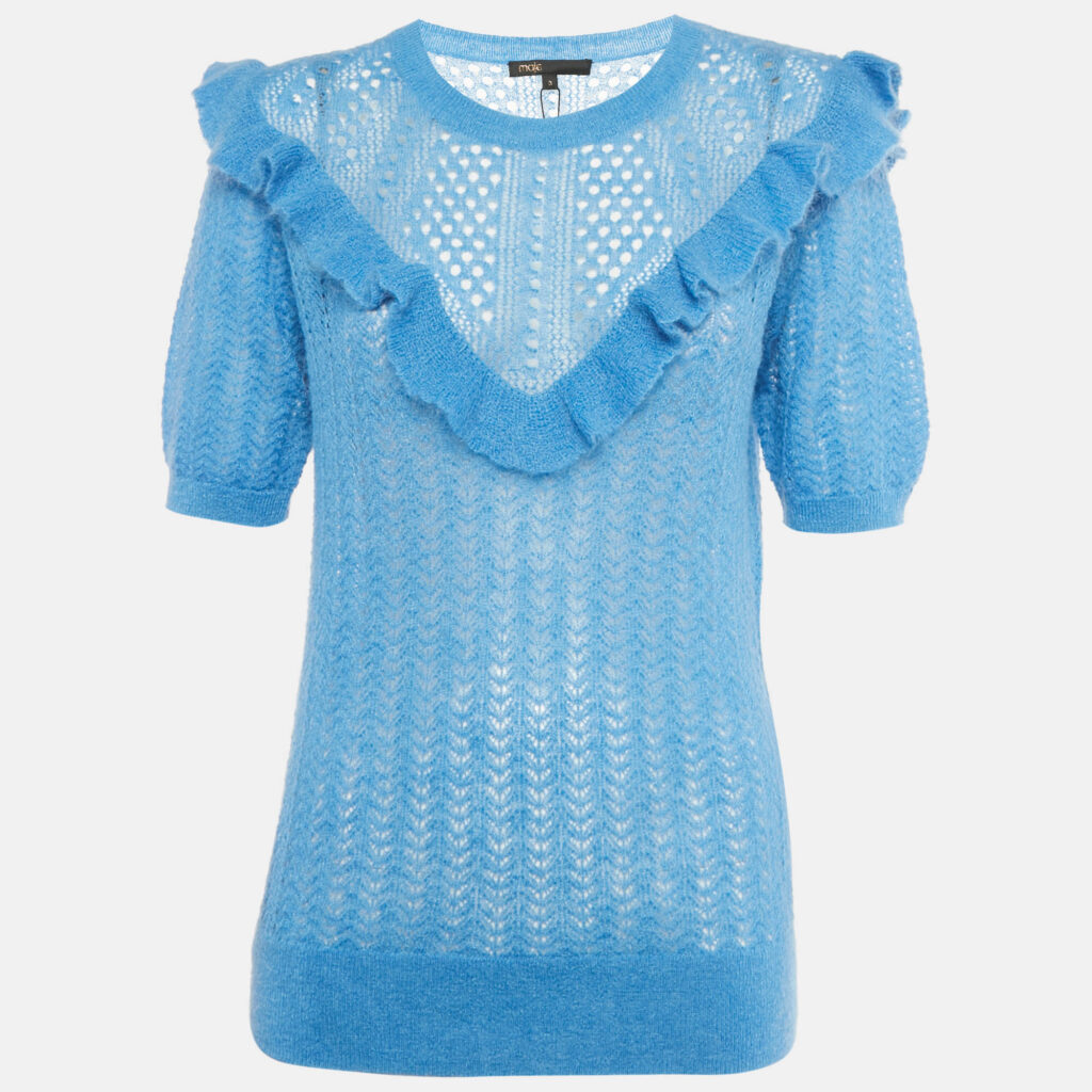 Maje Blue Mohair Wool Open Knit Ruffled Top L Maje Blue Mohair Wool Open Knit Ruffled Top L