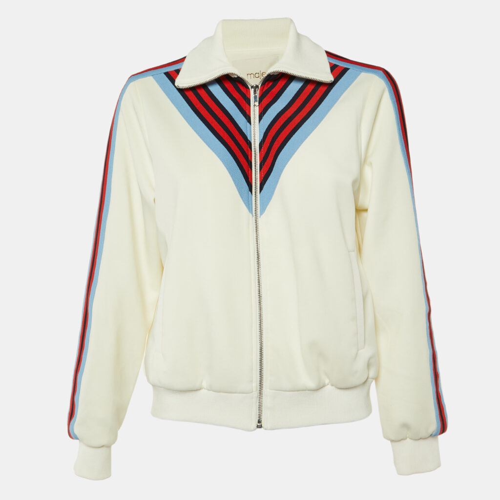 Maje White Jersey Striped Trim Manela Zip Up Jacket M Maje White Jersey Striped Trim Manela Zip Up Jacket M