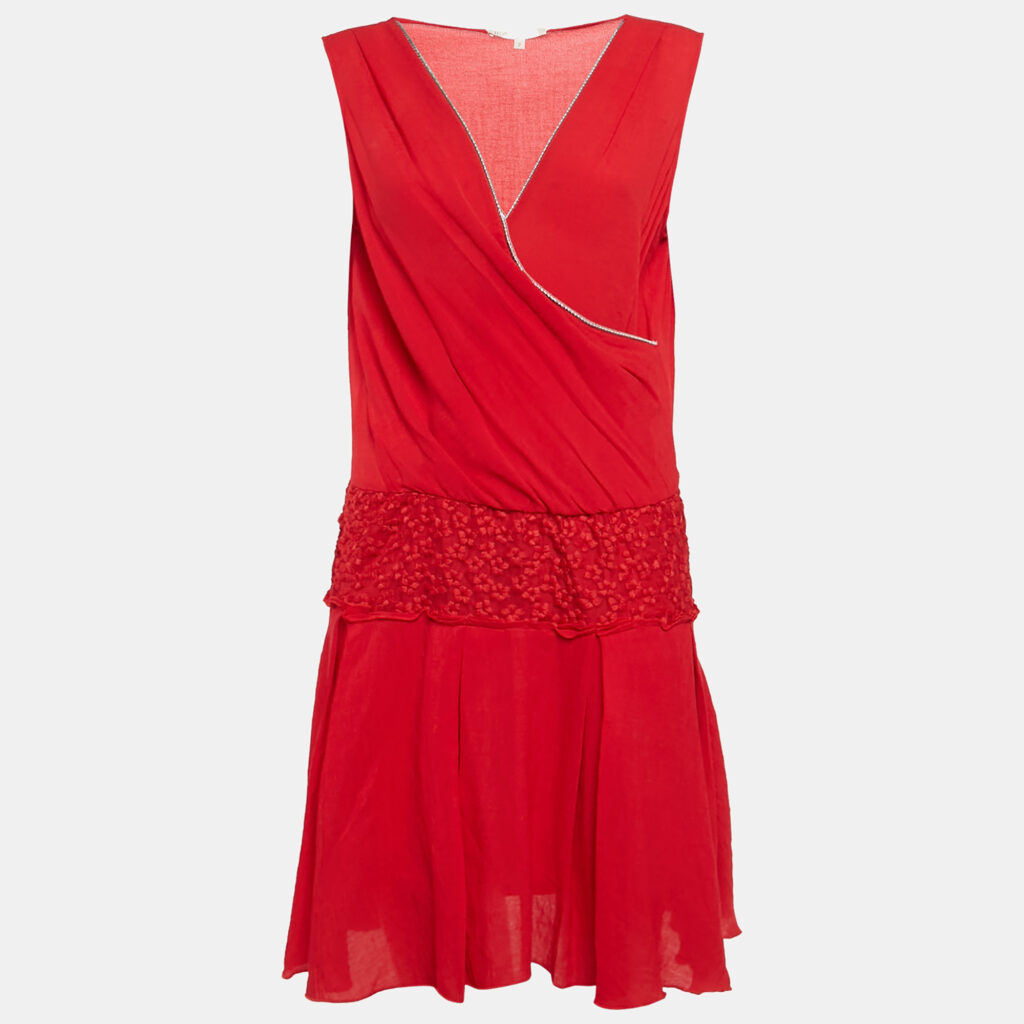 luxury-women-maje-used-clothes-p1123983-006-1.jpg Maje Red Embroidered Tulle Trim Crepe Short Dress M