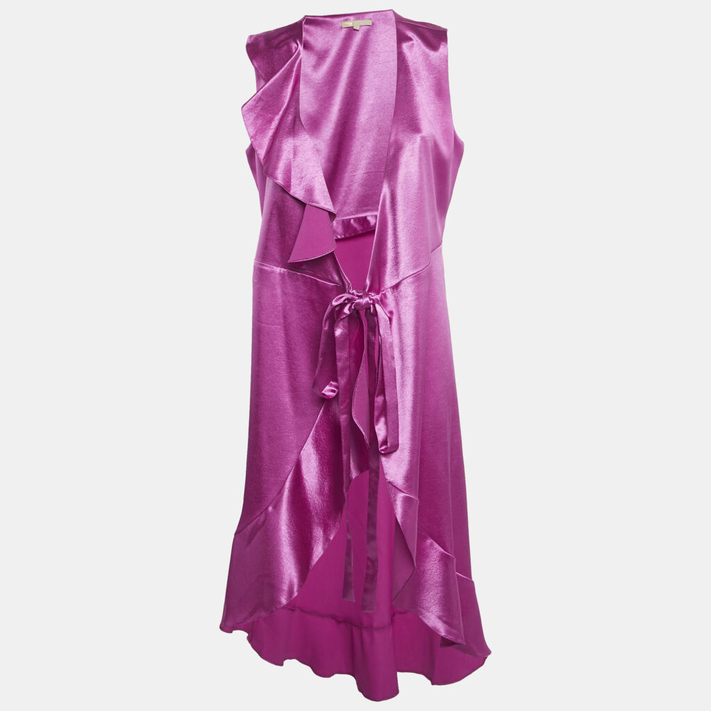 Maje Fuchsia Pink Satin Sleeveless Ripple Wrap Dress M Maje Fuchsia Pink Satin Sleeveless Ripple Wrap Dress M