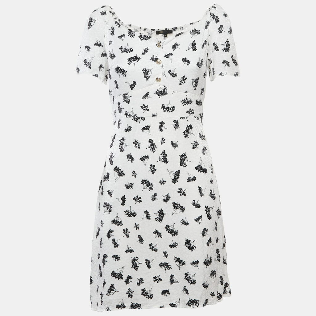 Maje White Patterned Crepe Printed Smocked Mini Dress S Maje White Patterned Crepe Printed Smocked Mini Dress S