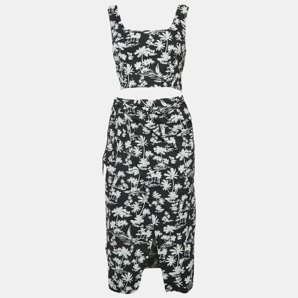 Maje Black Printed Cotton Top and Wrap Skirt Set M/S