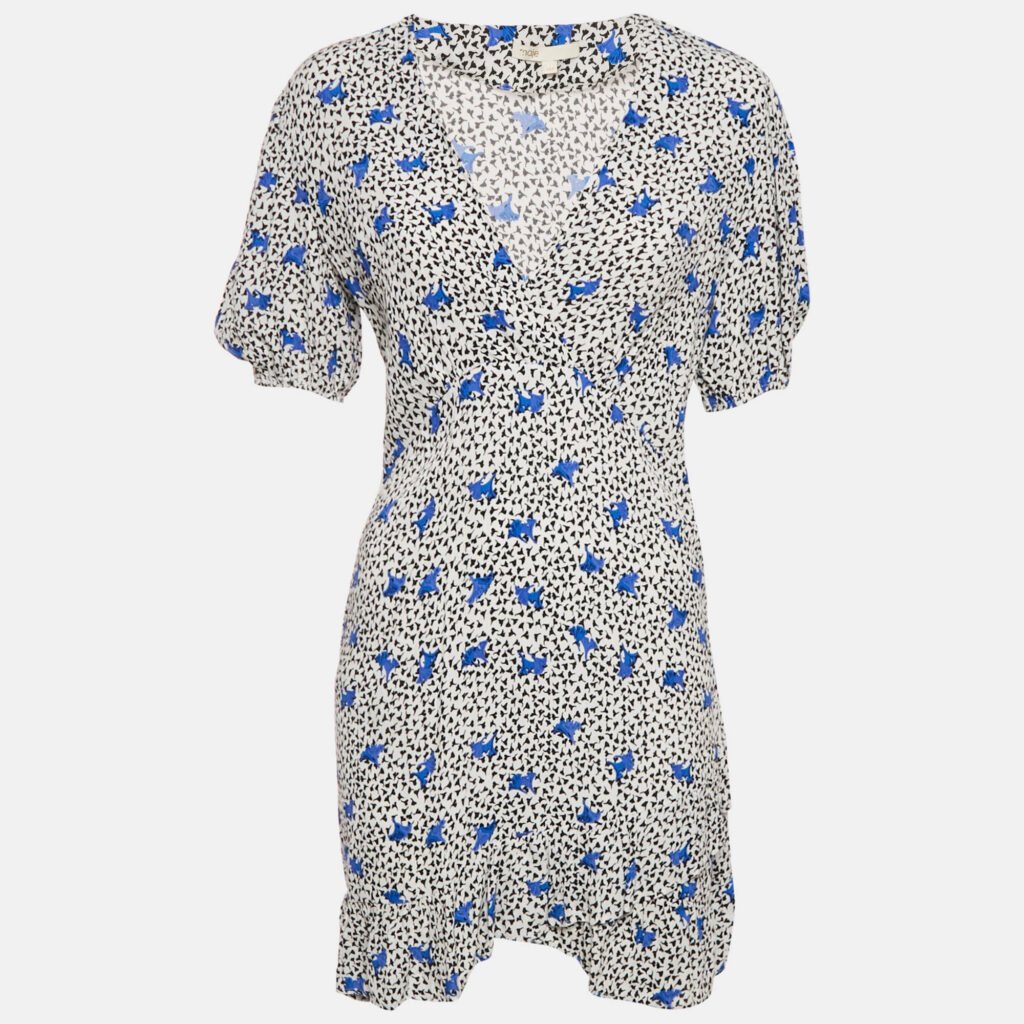Maje White Floral Print Crepe Asymmetric Ruffled Mini Dress M Maje White Floral Print Crepe Asymmetric Ruffled Mini Dress M