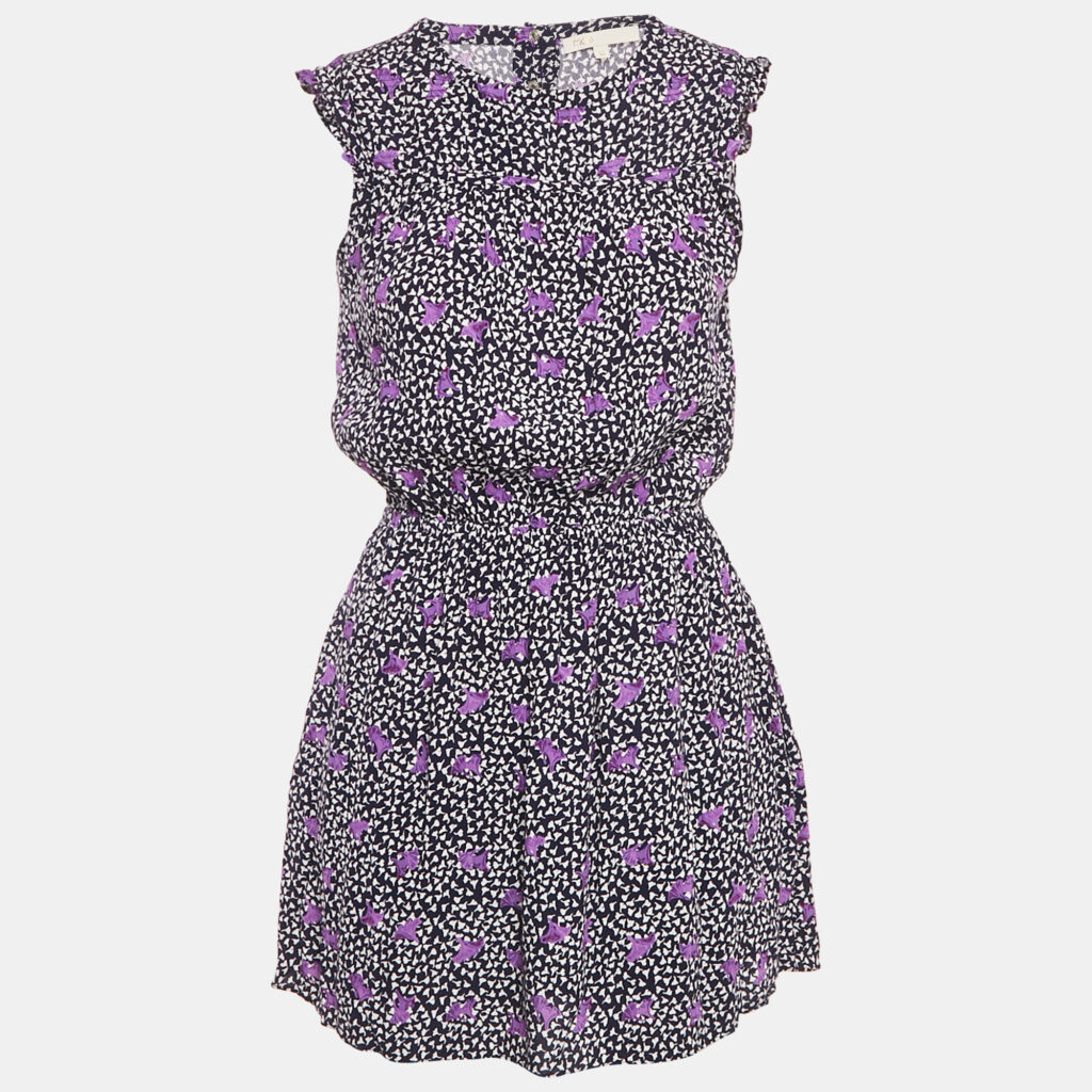 Maje Navy Blue Floral Print Crepe Pensées Marine Parme Mini Dress S Maje Navy Blue Floral Print Crepe Pensées Marine Parme Mini Dress S