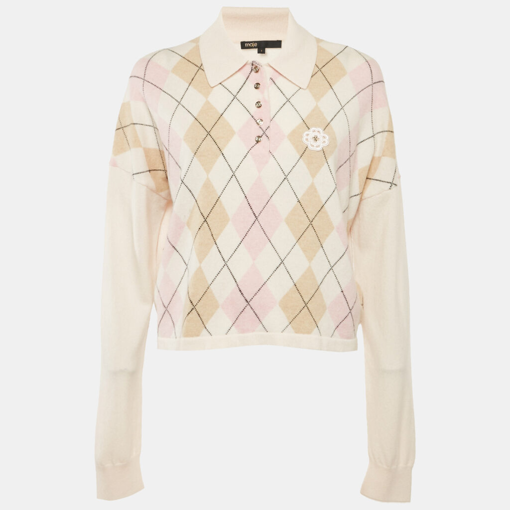 Maje Pink Argyle Knit Collared Sweatshirt S Maje Pink Argyle Knit Collared Sweatshirt S