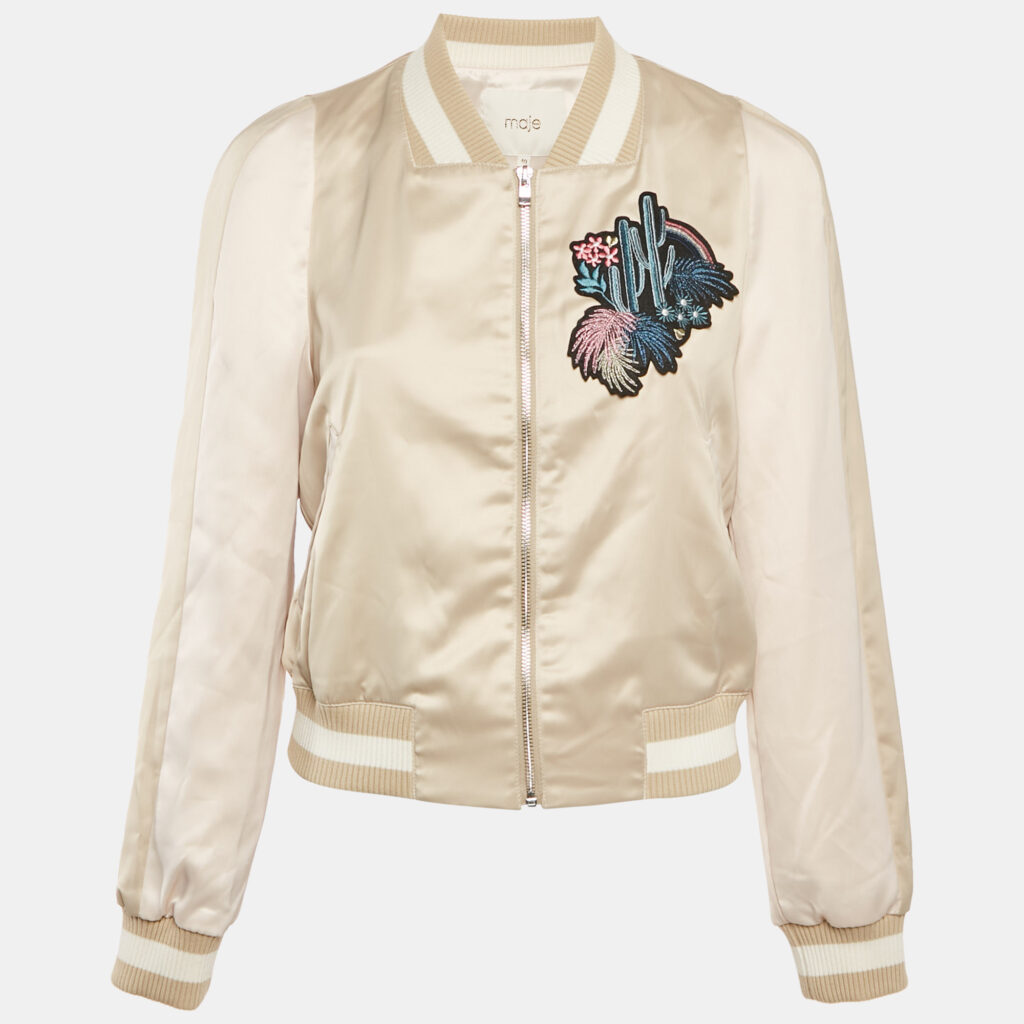 Maje Beige Cactus Applique Satin Bomber Jacket L