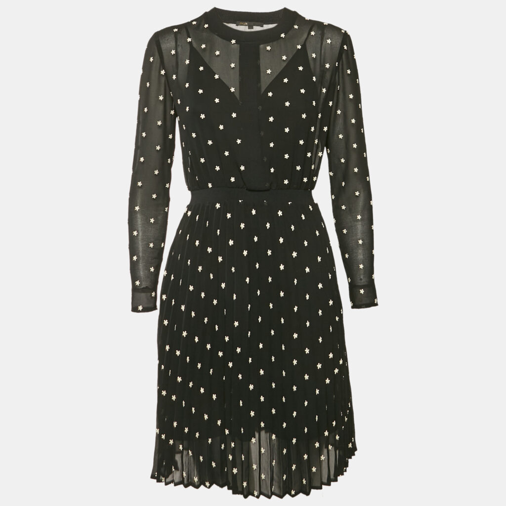Maje Black Floral Embroidery Georgette Pleated Rivola Short Dress S Maje Black Floral Embroidery Georgette Pleated Rivola Short Dress S