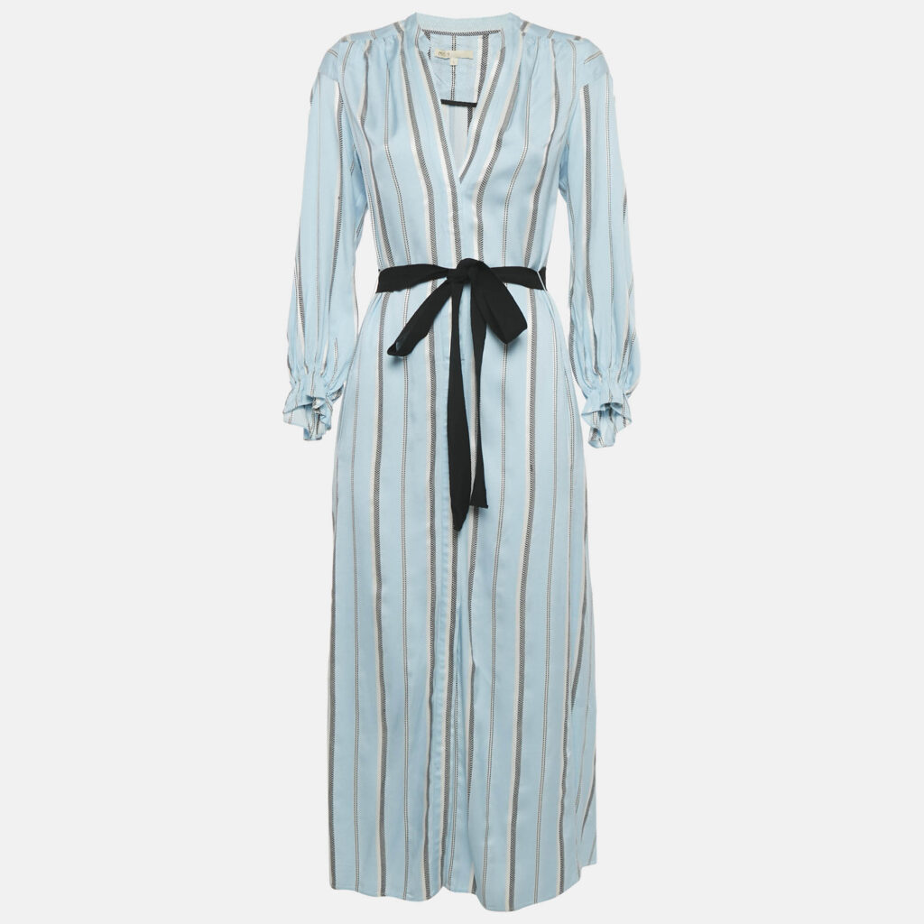 Maje Blue Stripe Crepe Button Front Belted Maxi Dress S Maje Blue Stripe Crepe Button Front Belted Maxi Dress S