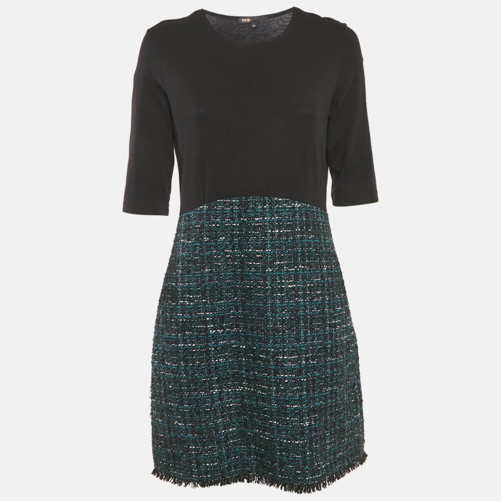 Maje Black/Green Tweed and Cotton Knit Mini Dress XL Maje Black/Green Tweed and Cotton Knit Mini Dress XL