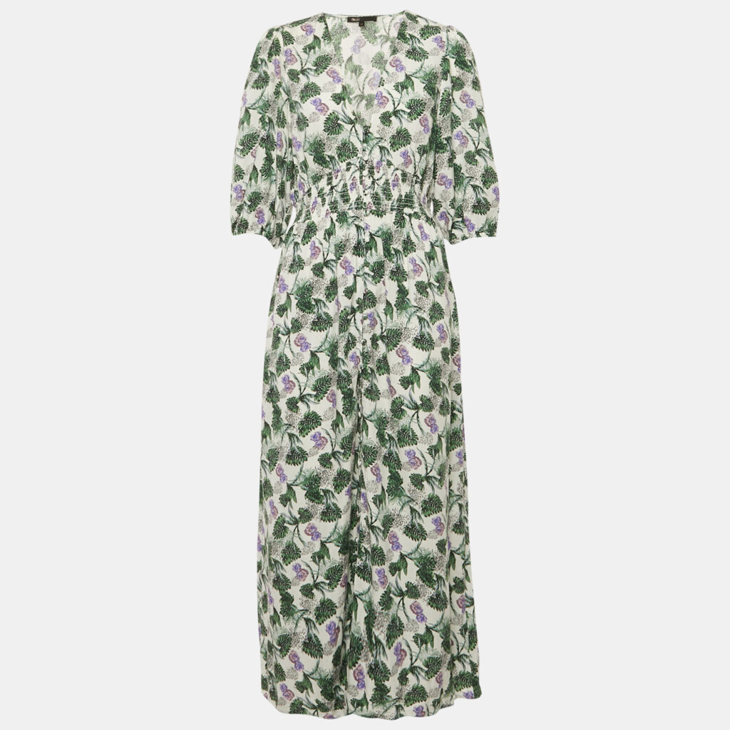 Maje White Printed Linen Blend V-Neck Midi Dress XL Maje White Printed Linen Blend V-Neck Midi Dress XL