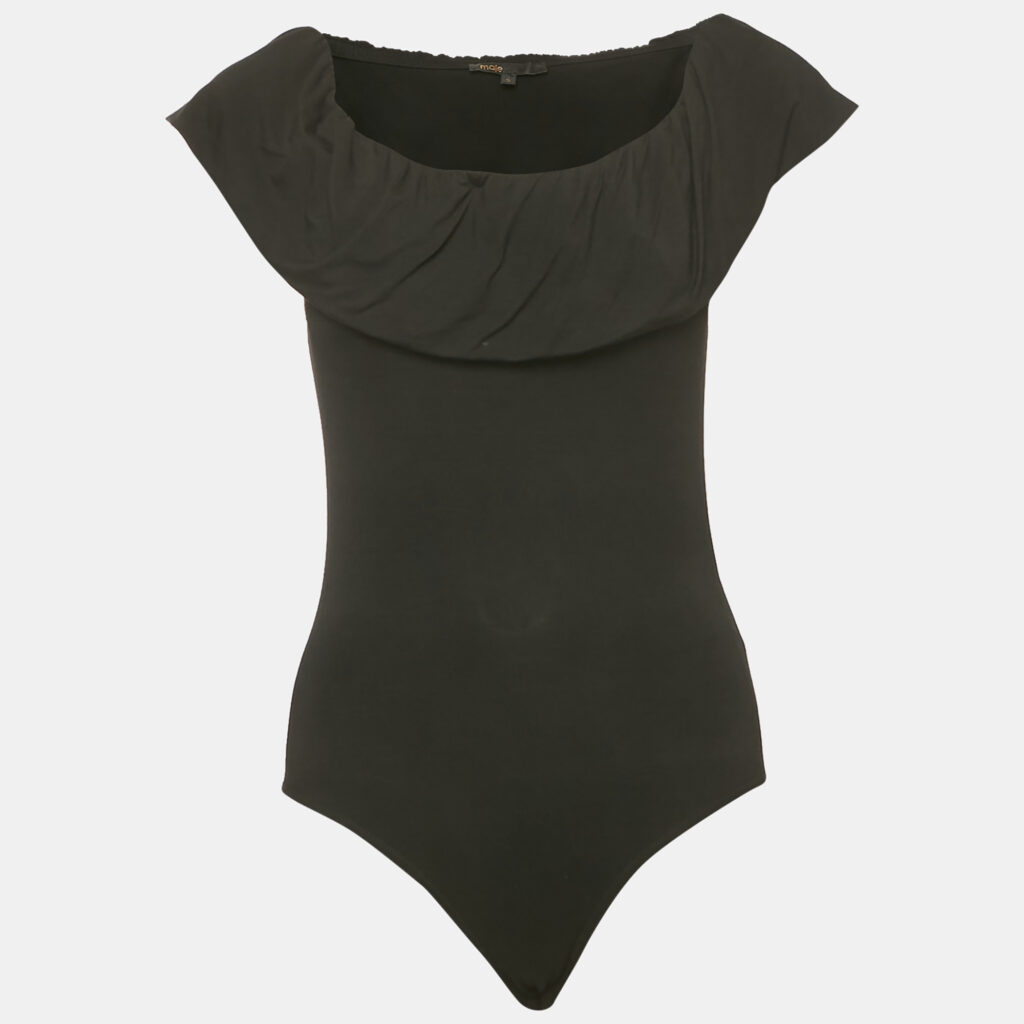 Maje Black Jersey Ruffled Off-Shoulder Bodysuit L
