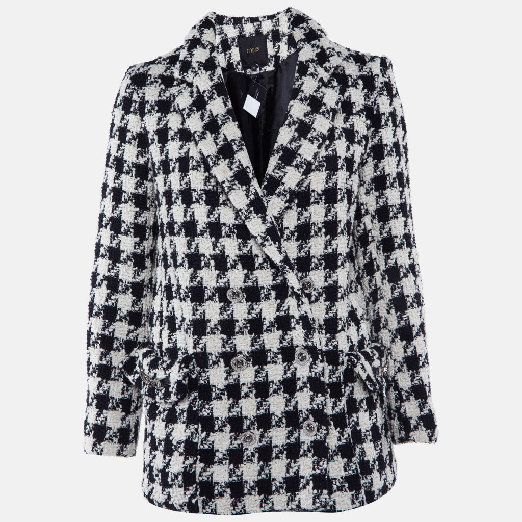 Maje Black/White Houndstooth Tweed Double Breasted Jacket M