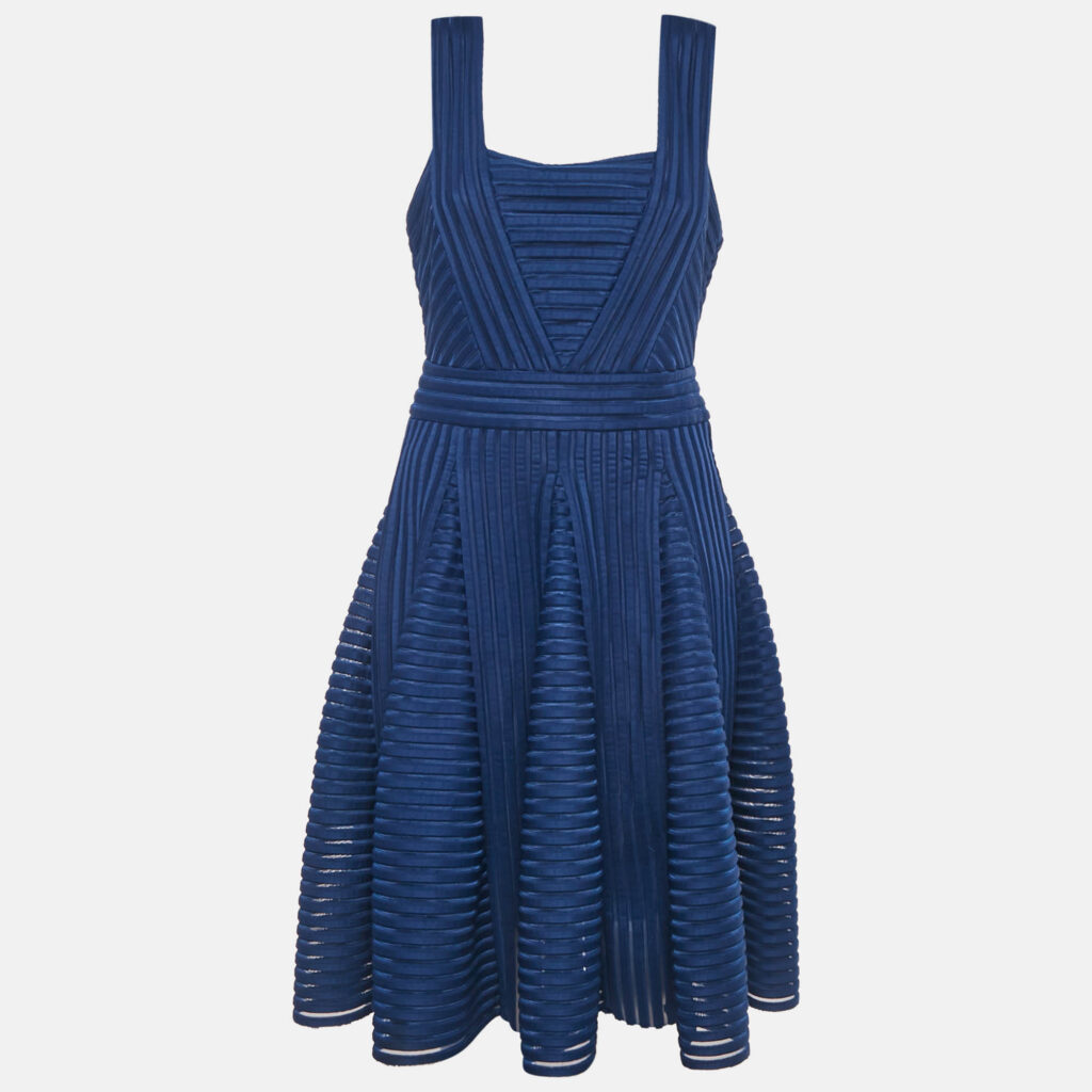Maje Navy Blue Striped Jersey & Mesh Sleeveless Mini Dress L
