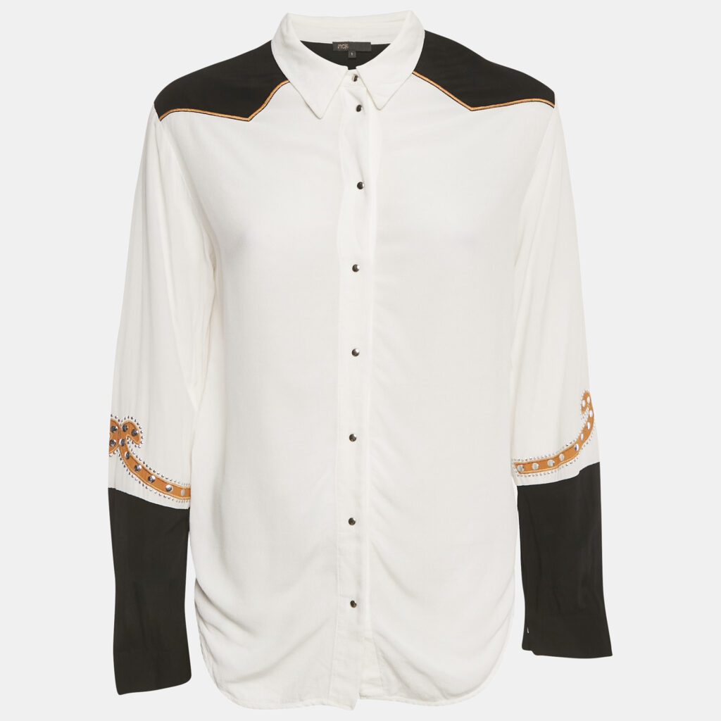Maje White & Black Love Embroidered Crepe Chesti Shirt S Maje White & Black Love Embroidered Crepe Chesti Shirt S