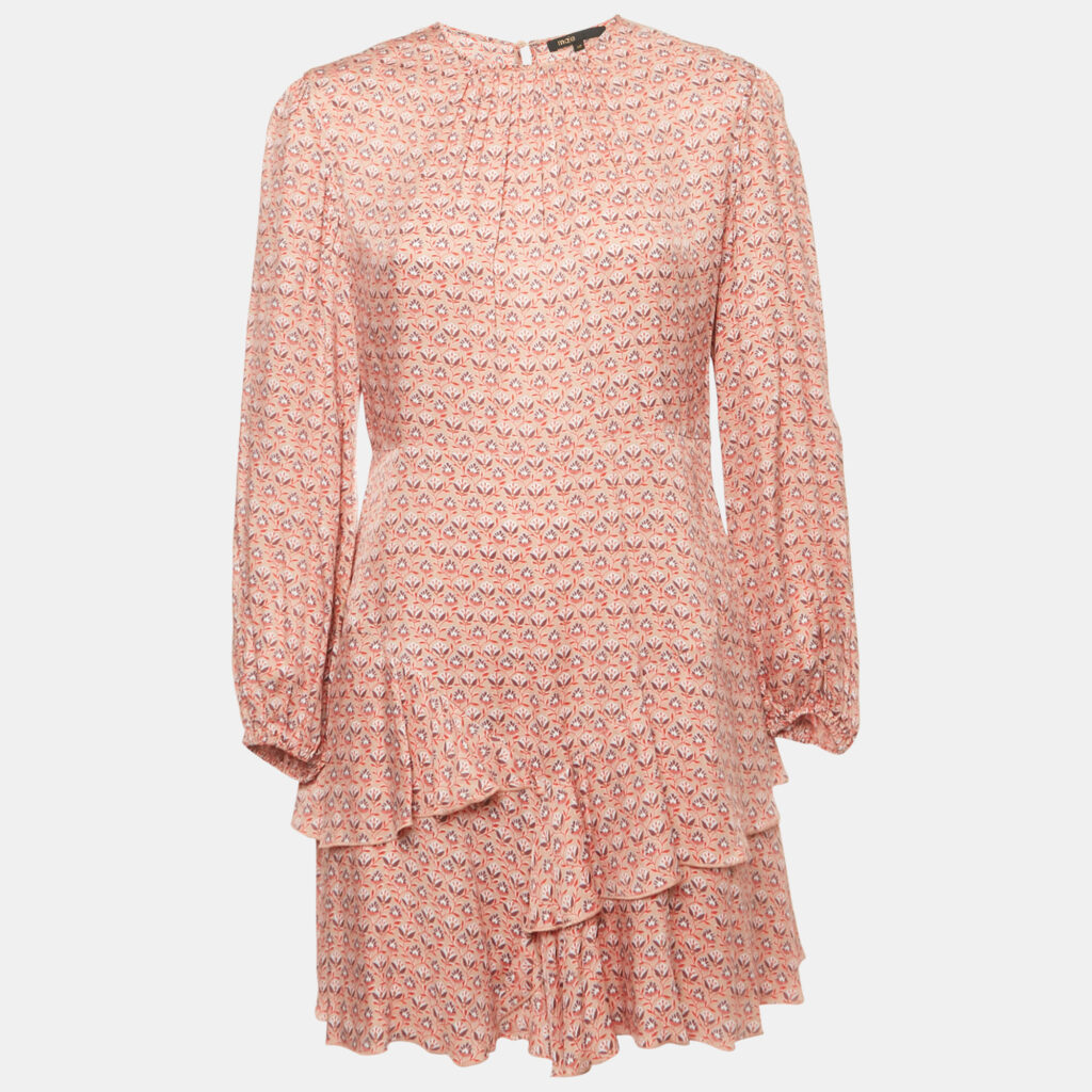 Maje Pink Floral Print Crepe Ruffled Mini Dress L Maje Pink Floral Print Crepe Ruffled Mini Dress L
