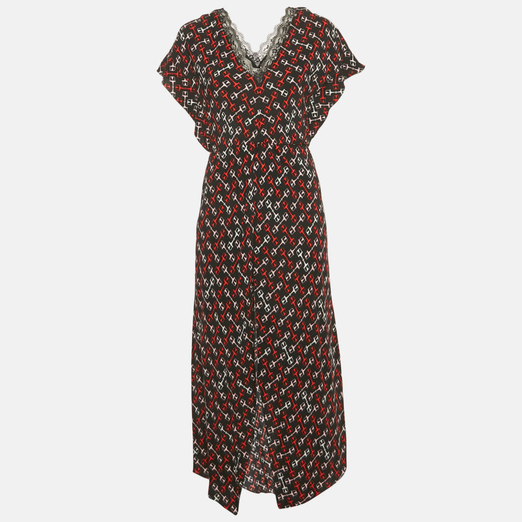Maje Black Geometric Print Crepe Lace Trim Midi Dress M