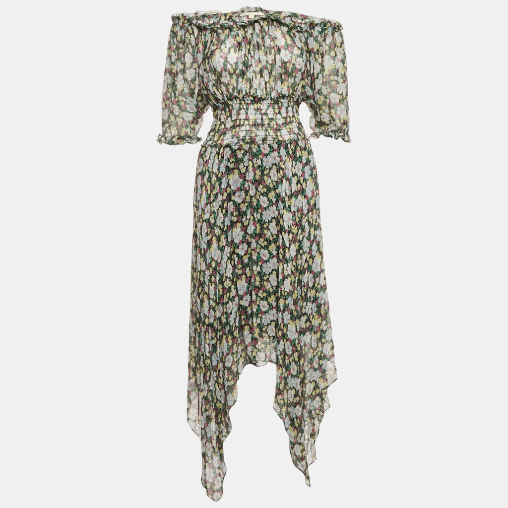 Maje Multicolor Floral Print Chiffon Handkerchief Hem Midi Dress M
